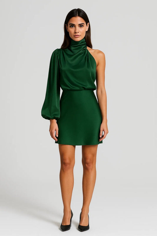 Asymmetrische Mini Jurk | Eén Mouw met Hoge Halslijn | Lichtgewicht en Ademend