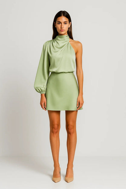 Asymmetrische Mini Jurk | Eén Mouw met Hoge Halslijn | Lichtgewicht en Ademend