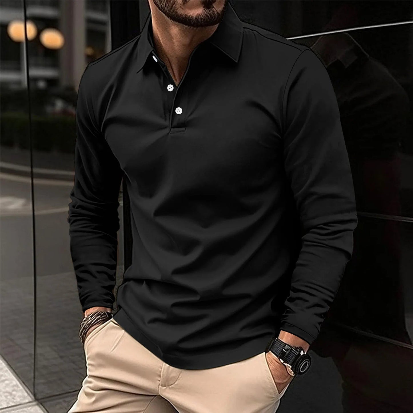 Bas - Heren Polo Longsleeve met Knoopsluiting voor een Nette Look