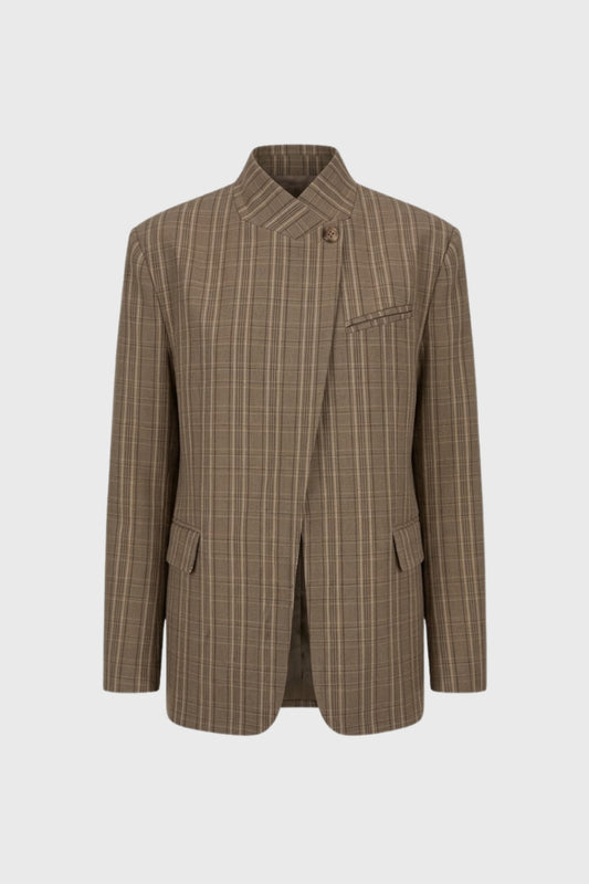 Blazer Dames - Oversized Ruitpatroon met Opstaande Kraag | Chique