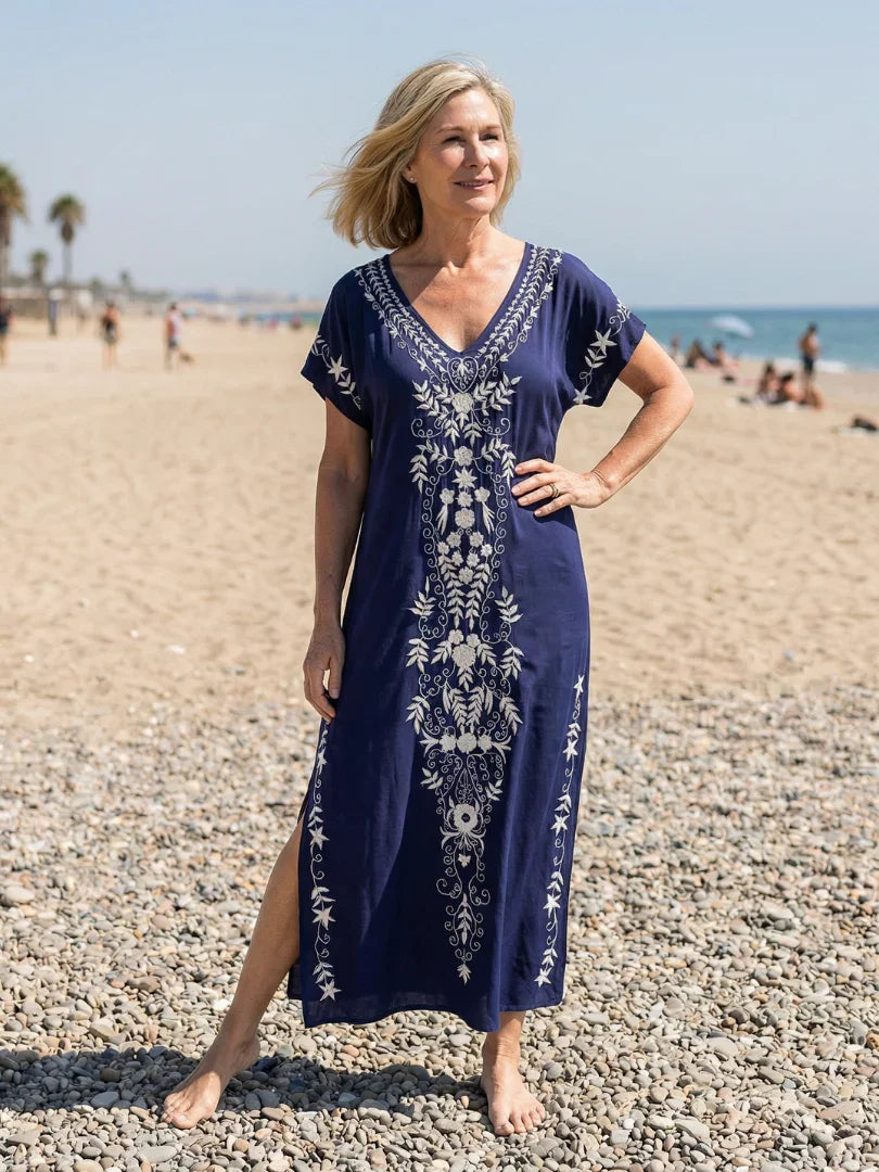 Britt - Boho Grote Maten Zomerjurk Dames met Borduurwerk en Korte Mouw
