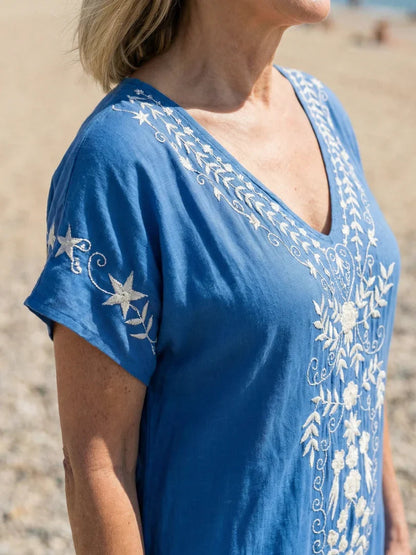 Britt - Boho Grote Maten Zomerjurk Dames met Borduurwerk en Korte Mouw
