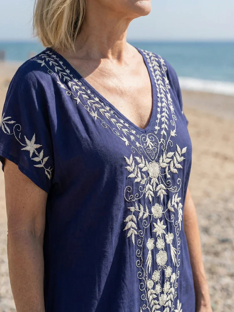 Britt - Boho Grote Maten Zomerjurk Dames met Borduurwerk en Korte Mouw