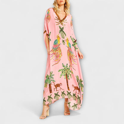 Britt - Boho Zomerjurk Dames Maxi met Tropische Print en Vlindermodel