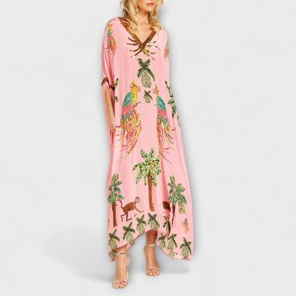 Britt - Boho Zomerjurk Dames Maxi met Tropische Print en Vlindermodel