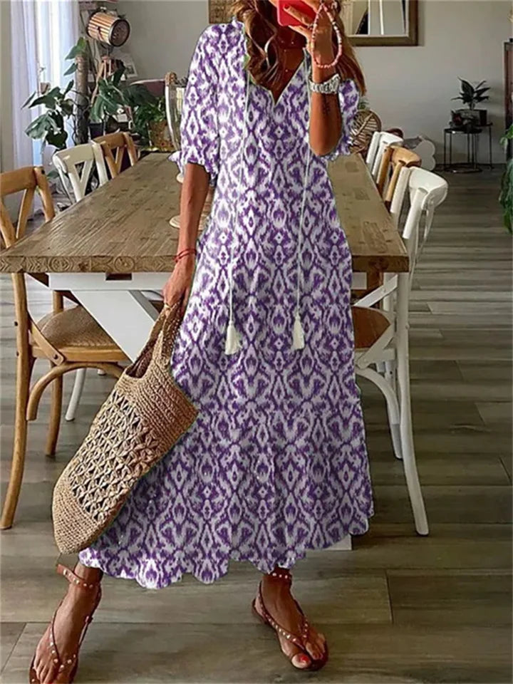 Britt - Boho Zomerjurk Dames Maxi met V-hals en Grafische Print