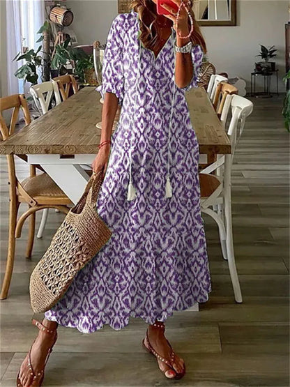 Britt - Boho Zomerjurk Dames Maxi met V-hals en Grafische Print