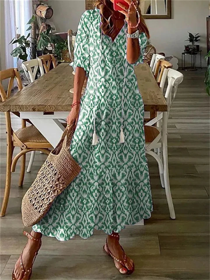 Britt - Boho Zomerjurk Dames Maxi met V-hals en Grafische Print