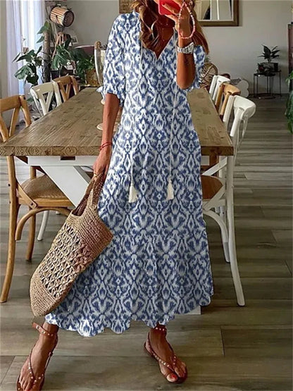 Britt - Boho Zomerjurk Dames Maxi met V-hals en Grafische Print