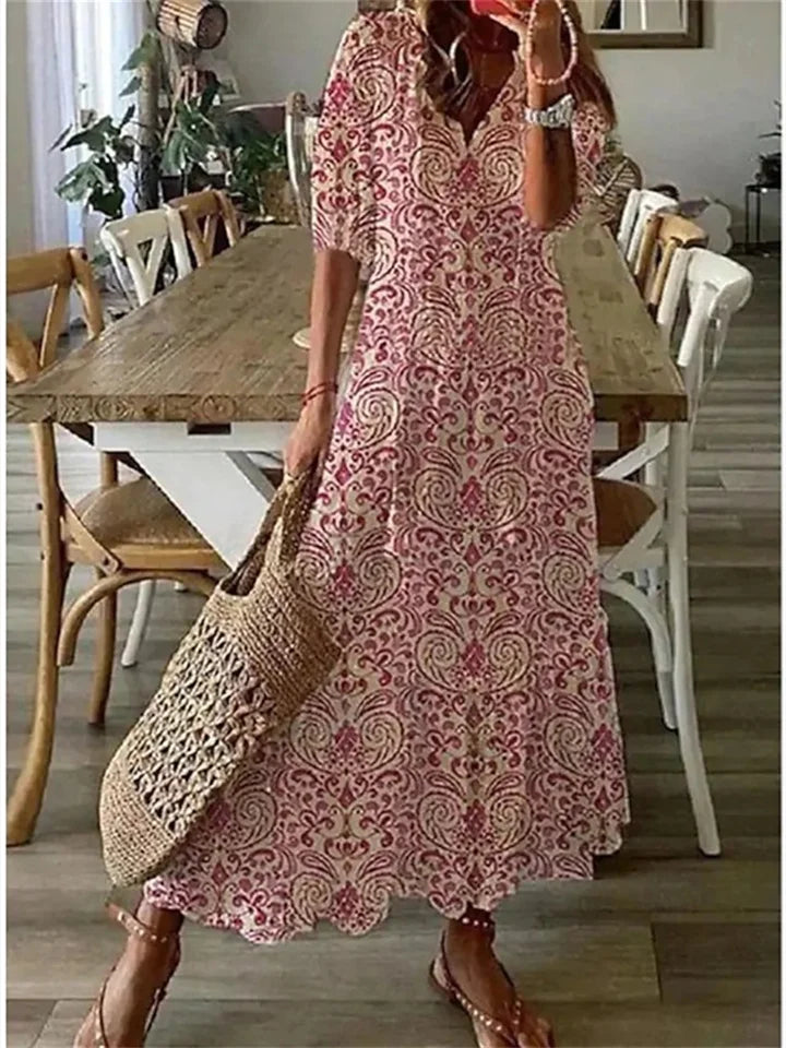 Britt - Boho Zomerjurk Dames Maxi met V-hals en Grafische Print