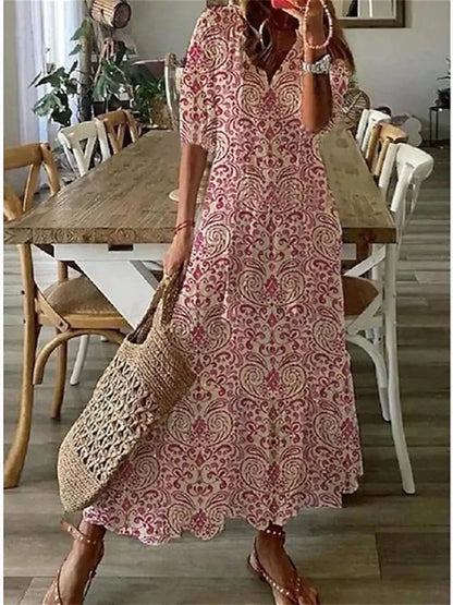 Britt - Boho Zomerjurk Dames Maxi met V-hals en Grafische Print