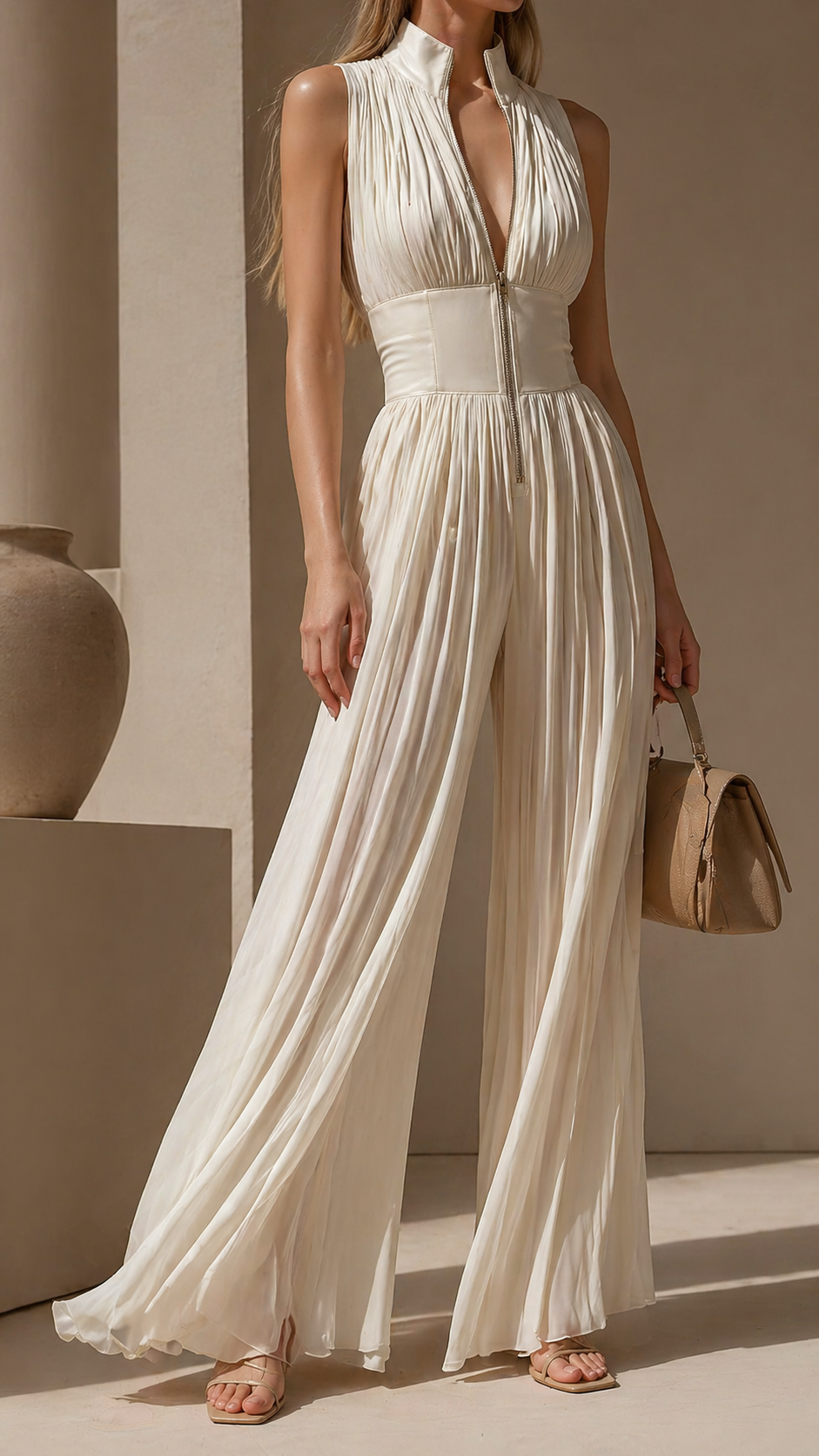 Britt - Elegante Linnen Jumpsuit Dames met Diepe V-hals en Geplooide Palazzo Pijpen