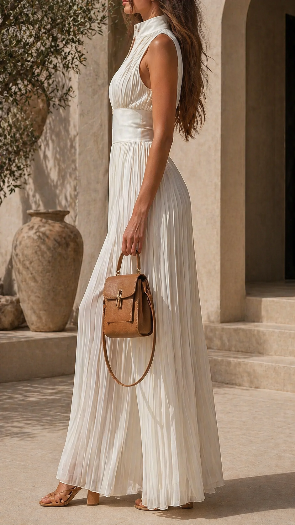 Britt - Elegante Linnen Jumpsuit Dames met Diepe V-hals en Geplooide Palazzo Pijpen