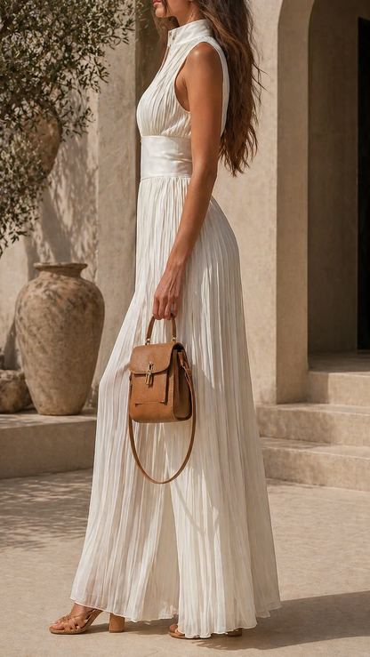 Britt - Elegante Linnen Jumpsuit Dames met Diepe V-hals en Geplooide Palazzo Pijpen
