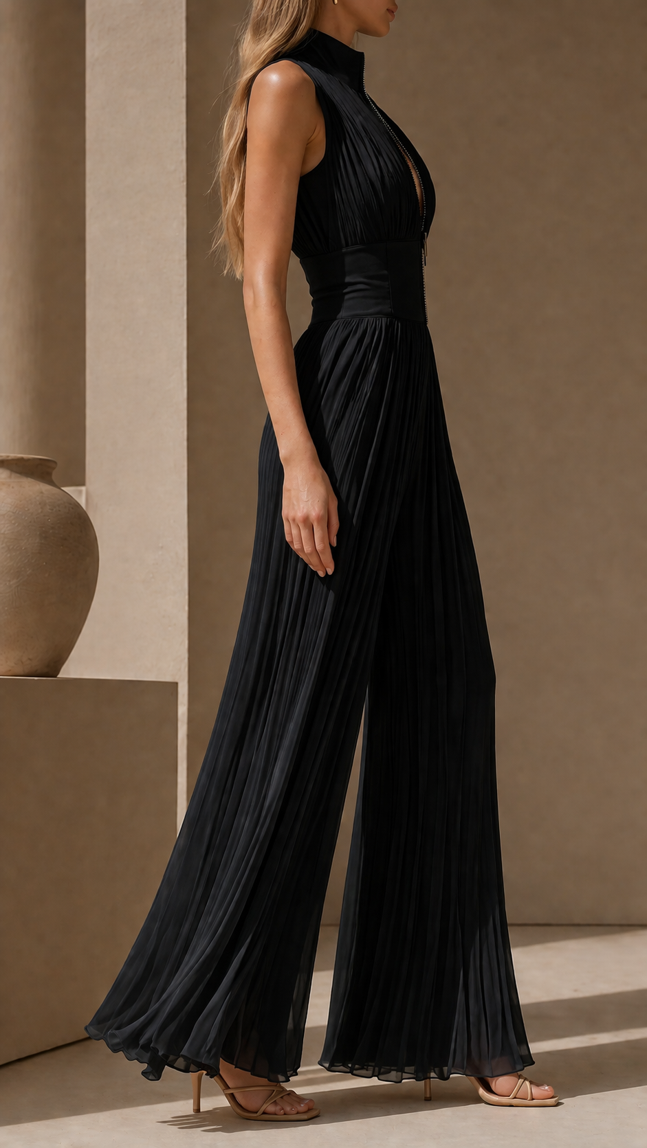 Britt - Elegante Linnen Jumpsuit Dames met Diepe V-hals en Geplooide Palazzo Pijpen