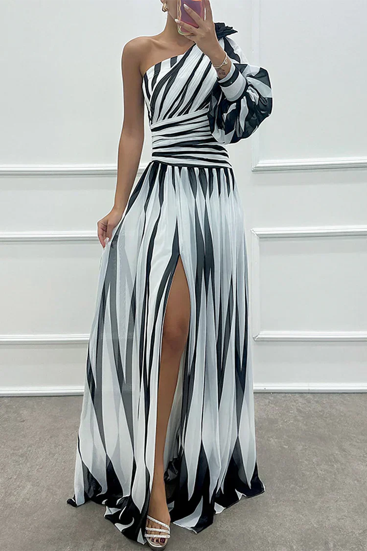 Britt - Feestelijke Bruiloft Gastenjurk Dames met One-Shoulder en Grafische Print