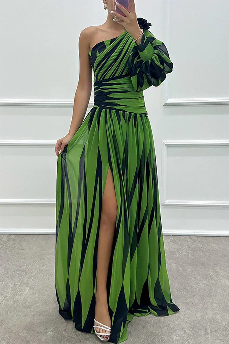 Britt - Feestelijke Bruiloft Gastenjurk Dames met One-Shoulder en Grafische Print