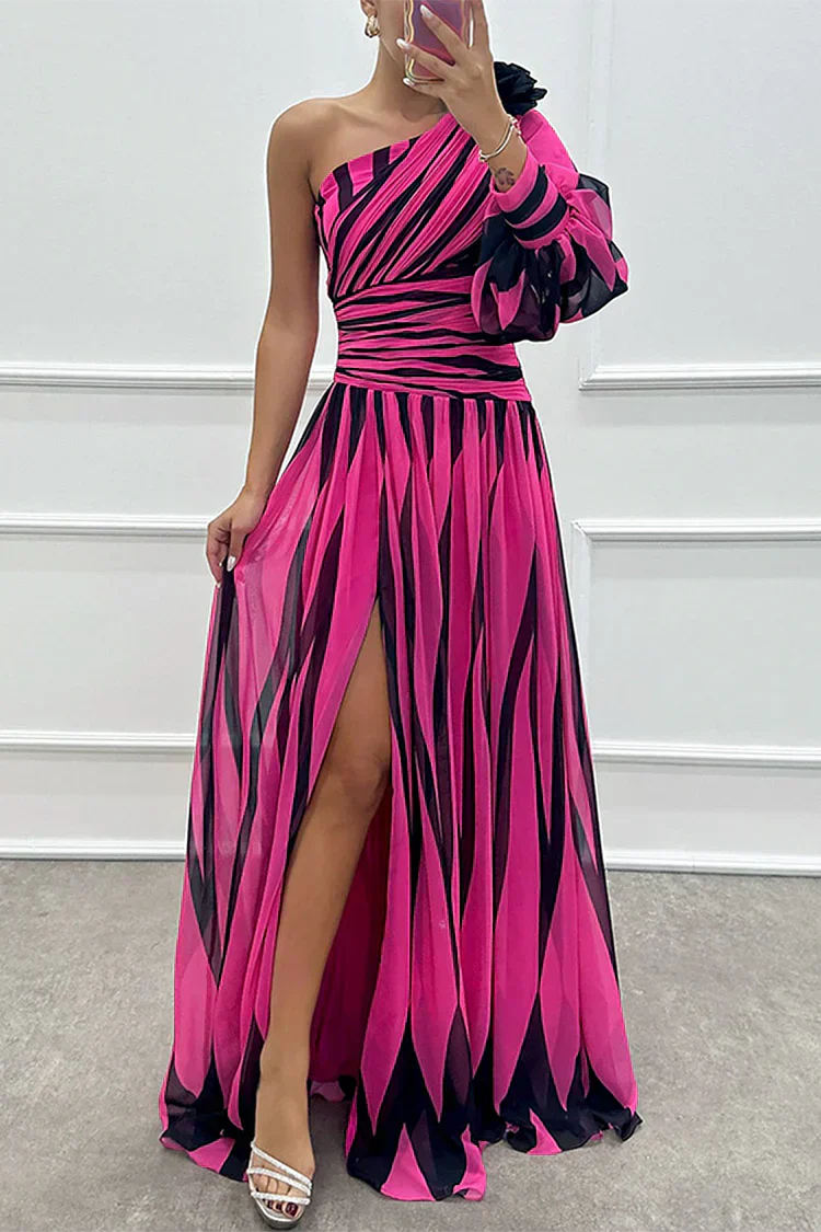 Britt - Feestelijke Bruiloft Gastenjurk Dames met One-Shoulder en Grafische Print
