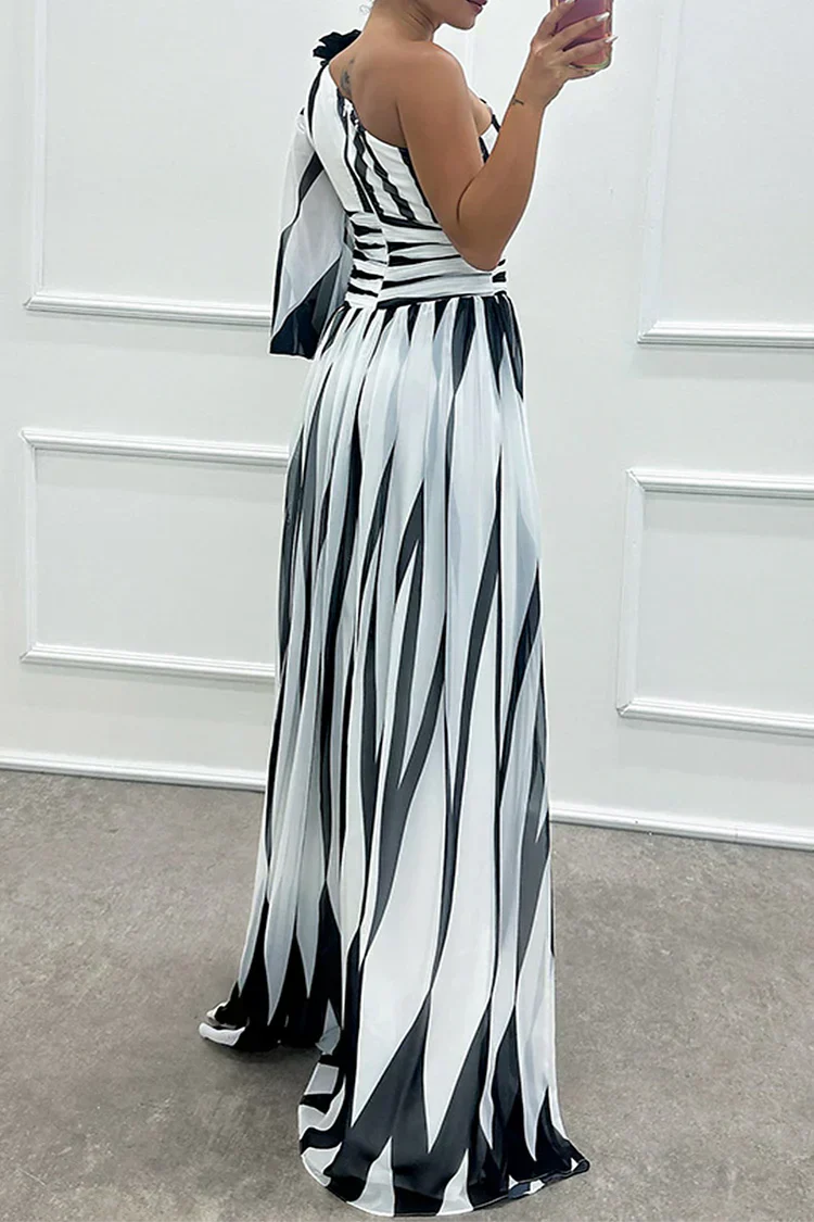 Britt - Feestelijke Bruiloft Gastenjurk Dames met One-Shoulder en Grafische Print