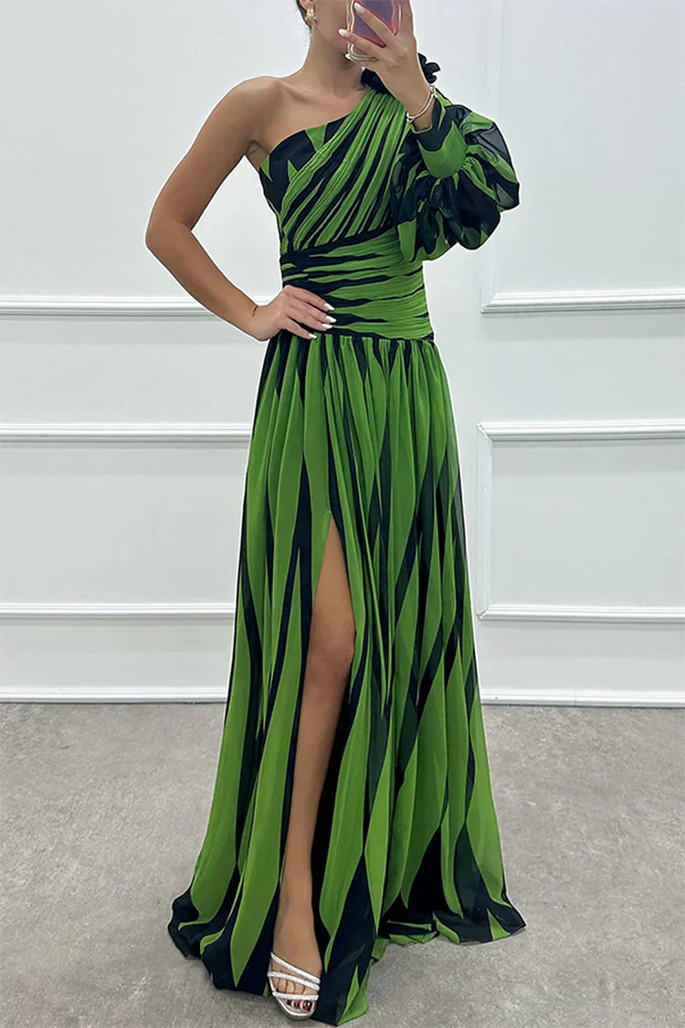 Britt - Feestelijke Bruiloft Gastenjurk Dames met One-Shoulder en Grafische Print