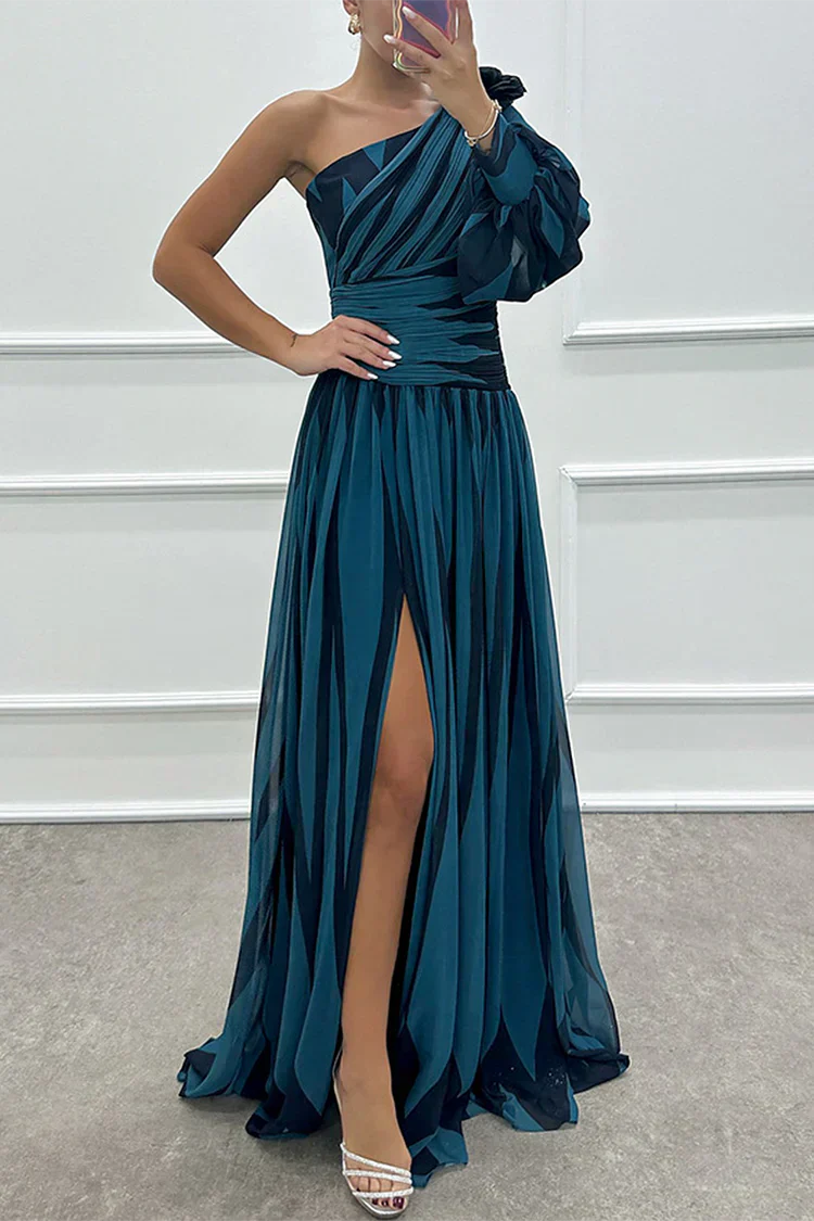 Britt - Feestelijke Bruiloft Gastenjurk Dames met One-Shoulder en Grafische Print
