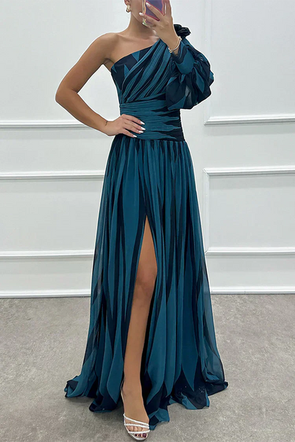Britt - Feestelijke Bruiloft Gastenjurk Dames met One-Shoulder en Grafische Print