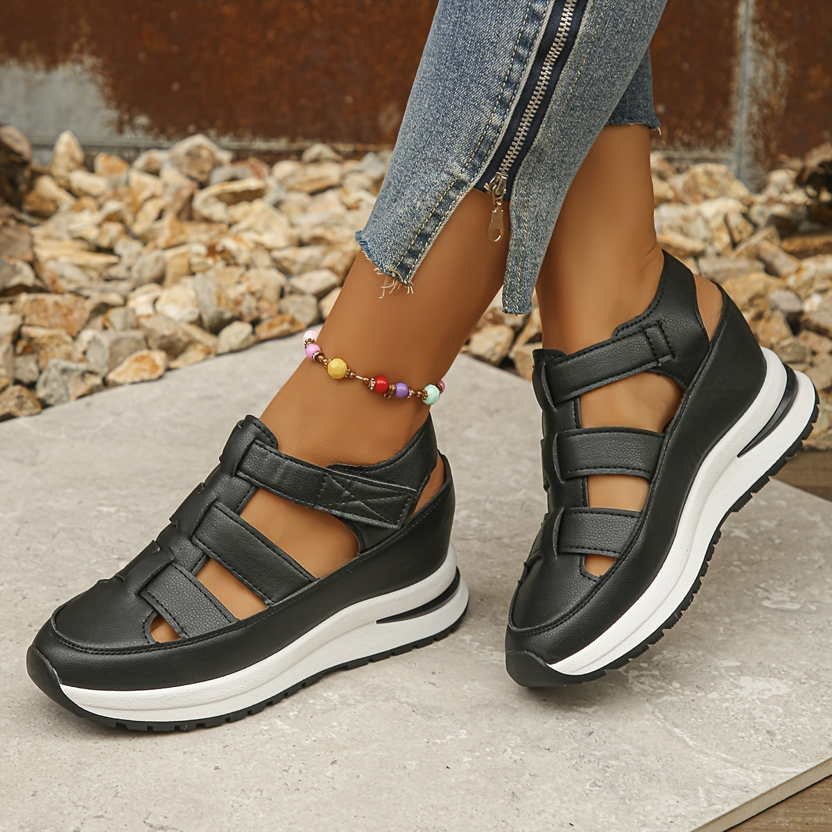 Britt - Sportieve Orthopedische Sandalen Dames met Klittenband en Sleehak