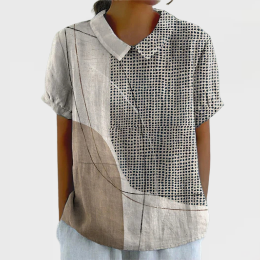 Britt - Trendy Linnen Blouse Dames met Kraag en Korte Mouwen