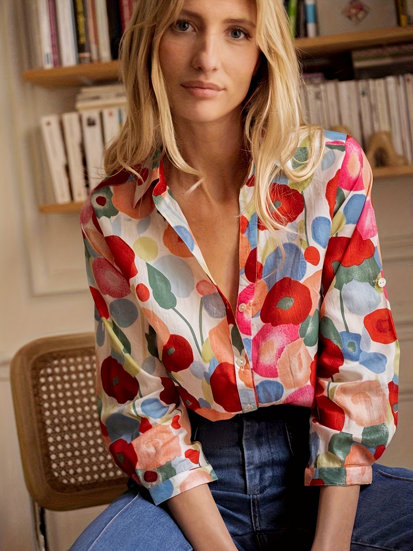 Britt - Vrolijke Linnen Damesblouse met Bloemenprint en Klassieke Kraag