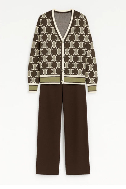 Gebreide Damesset | V-Hals Vest met Patroon en Wijde Broek | Comfortabele Loungewearstijl