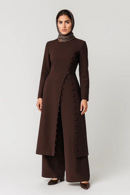 Tweedelige Set Dames | Lange Asymmetrische Tuniek met Wijde Broek | Elegant en Gesloten Design
