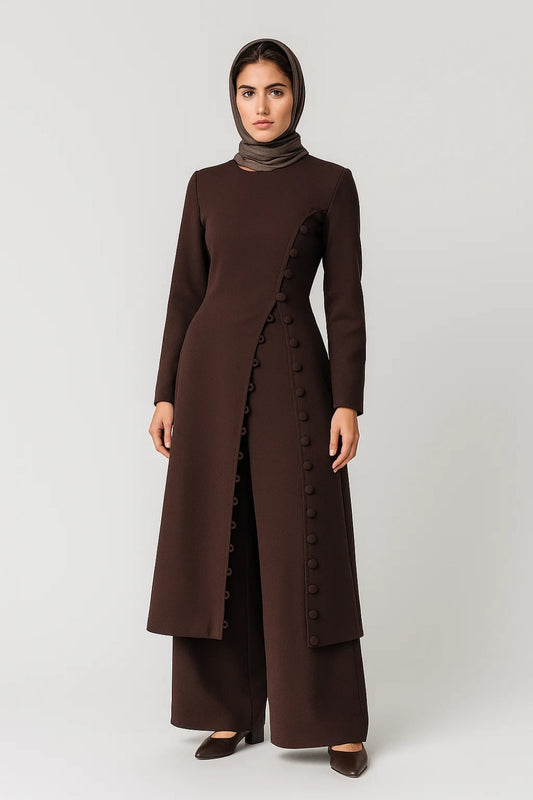 Tweedelige Set Dames | Lange Asymmetrische Tuniek met Wijde Broek | Elegant en Gesloten Design