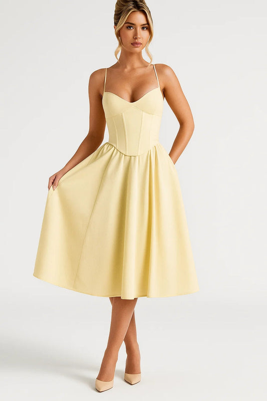 Corsetstijl Jurk met Spaghettibandjes | Figuuraccentuerende Top | Zwierige Midi Rok