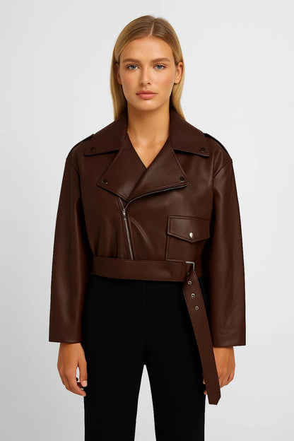 Cropped Bikerjack Dames | Asymmetrische Rits en Ceintuur | Modern en Stoer