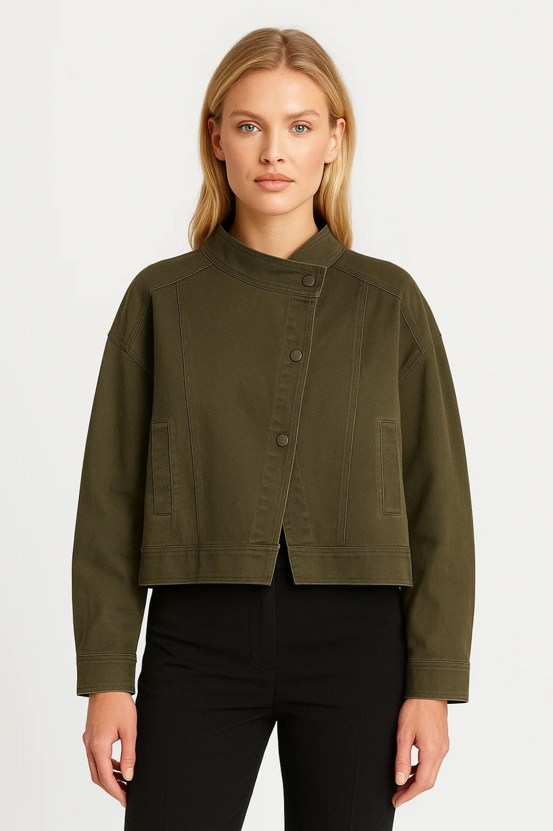 Cropped Damesjas | Opstaande Kraag & Drukknoopsluiting | Minimalistisch Design