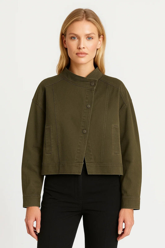 Cropped Damesjas | Opstaande Kraag & Drukknoopsluiting | Minimalistisch Design