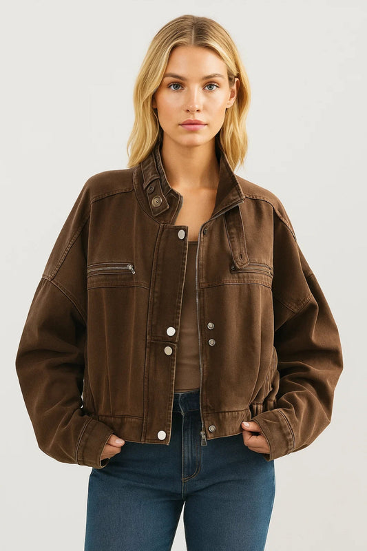 Cropped Jas | Utility Look met Opstaande Kraag | Stoer en Casual