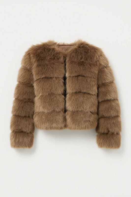 Cropped Jas | Volumineuze Bontlook met Horizontale Structuur | Elegant en Statementwaardig