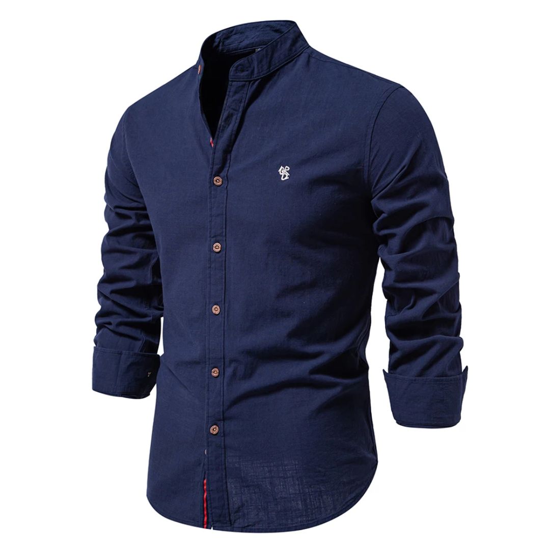 Daan - Casual Linnen Blouse Heren met Opstaande Kraag en Knoopsluiting