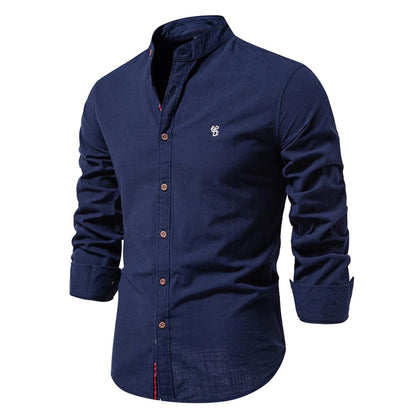 Daan - Casual Linnen Blouse Heren met Opstaande Kraag en Knoopsluiting