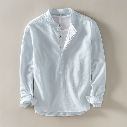 Daan - Casual Linnen Blouse Heren met Staande Kraag en Halfopen Knoopsluiting