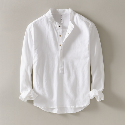 Daan - Casual Linnen Blouse Heren met Staande Kraag en Halfopen Knoopsluiting