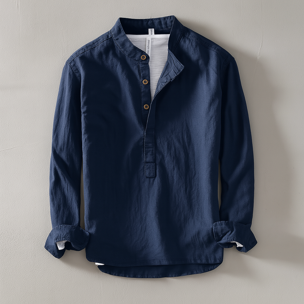 Daan - Casual Linnen Blouse Heren met Staande Kraag en Halfopen Knoopsluiting