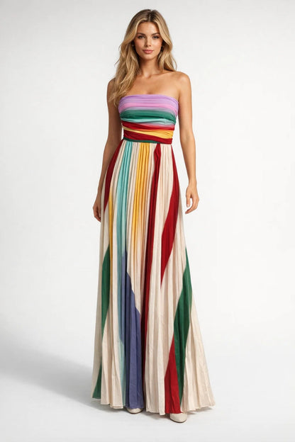 Maxi Jurk Dames - Strapless met Kleurrijke Strepen | Zomer