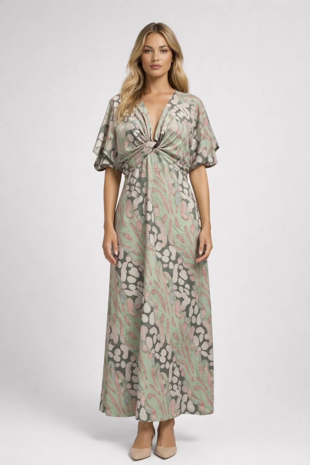 Maxi Jurk Dames - Diepe V-hals met Knoopdetail | Zomers Print