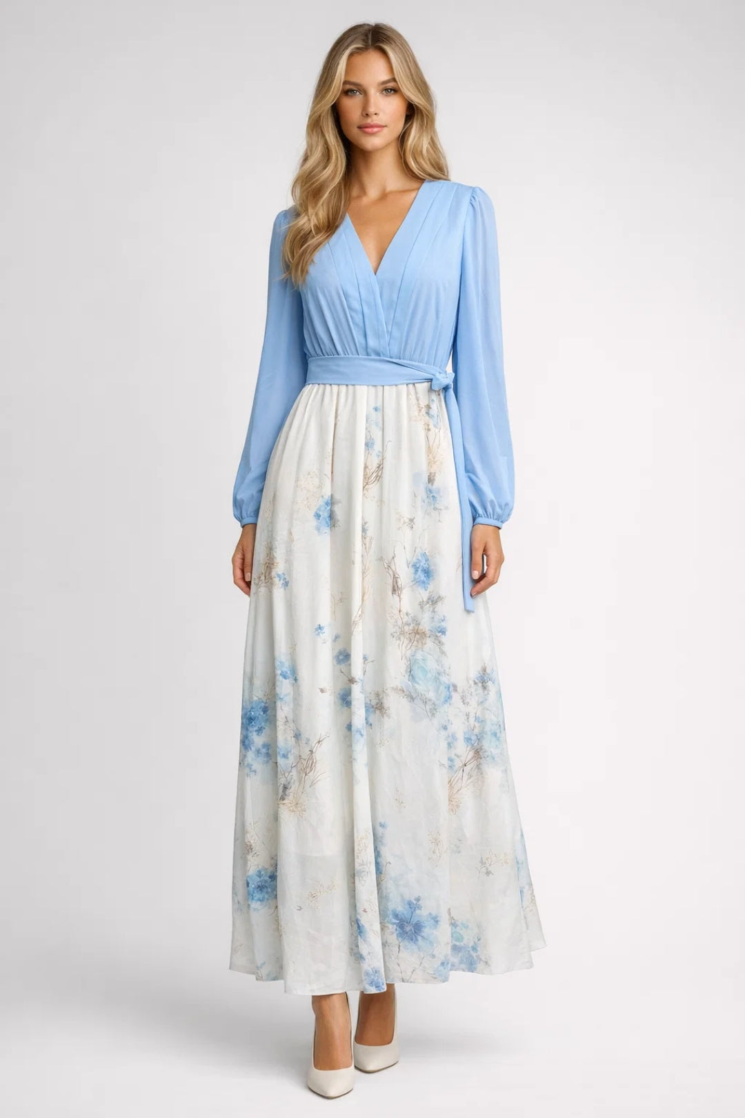 Maxi Jurk Dames - Bloemenprint met V-hals en Lange Mouwen