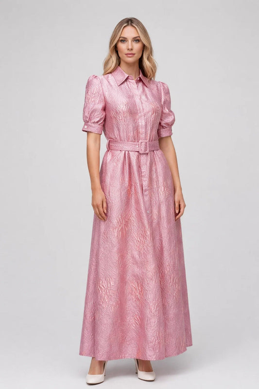 Maxi Jurk Dames - Hemdkraag met Ceintuur en Korte Mouwen | Elegant