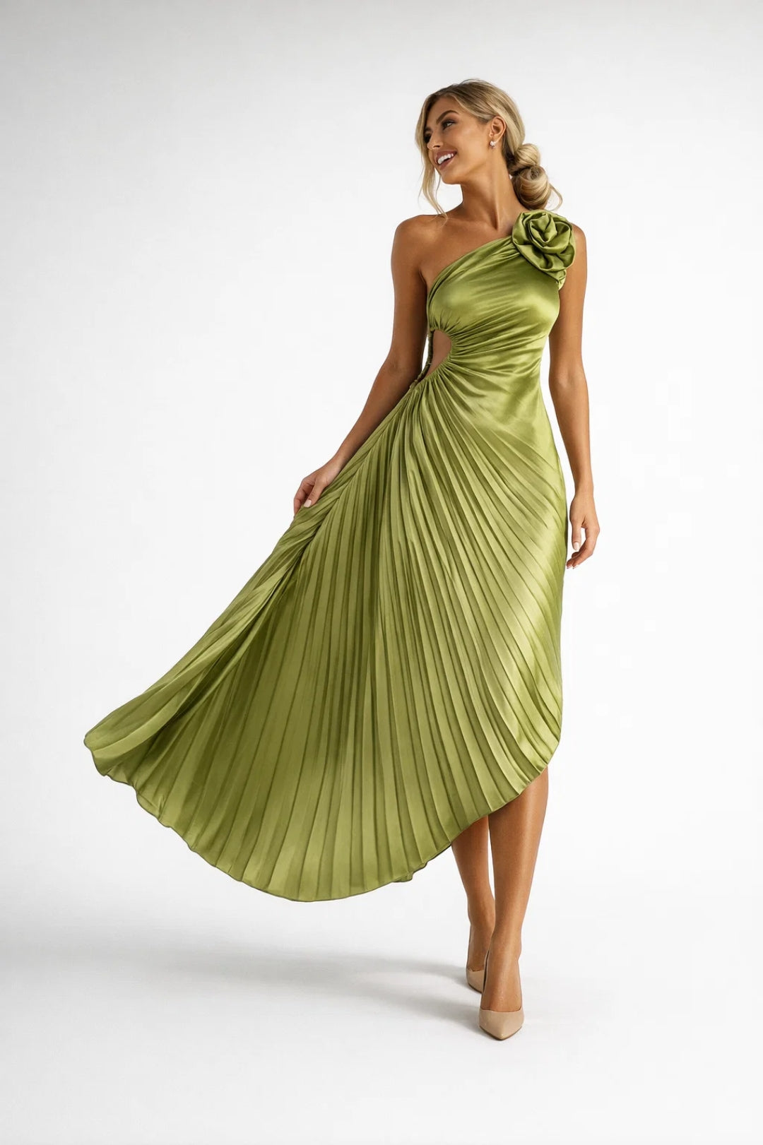 Midi Jurk Dames - One Shoulder met Geplooide Rok en Bloem Detail