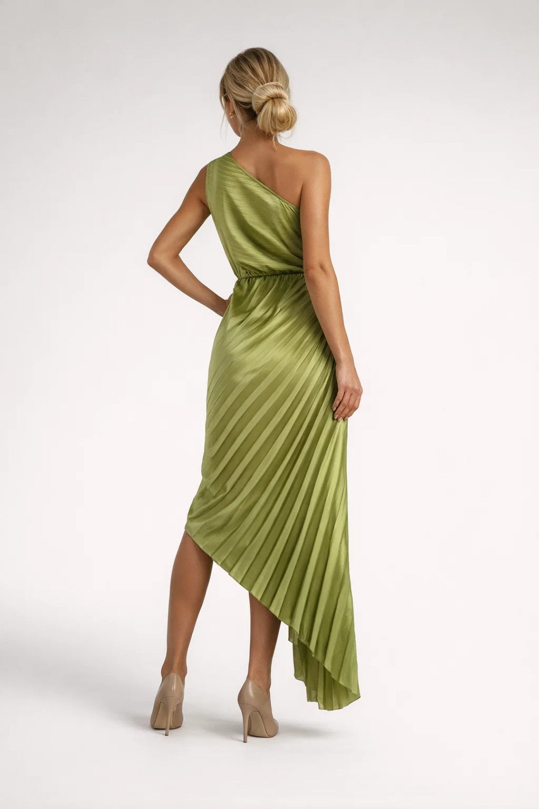 Midi Jurk Dames - One Shoulder met Geplooide Rok en Bloem Detail