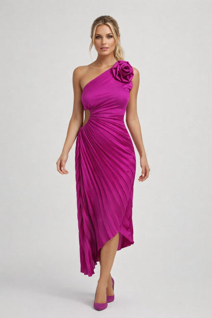 Midi Jurk Dames - One Shoulder met Geplooide Rok en Bloem Detail